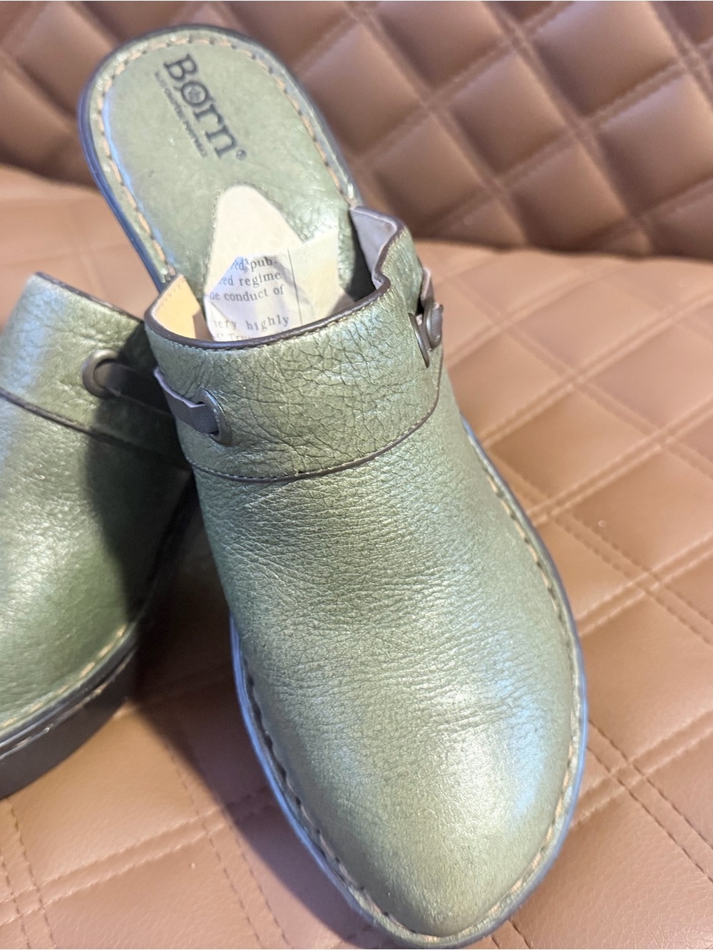 Born Olive Green Leather Slip-On Clog Mules